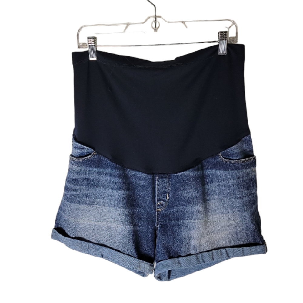 Liz Lange women's maternity denim jean shorts Lmlarge 12 14 cuffed hem blue